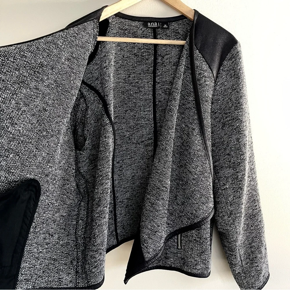 a.n.a. Boucle Tweed Faux Leather Open Front Cropped Jacket Black and Gray - 2X